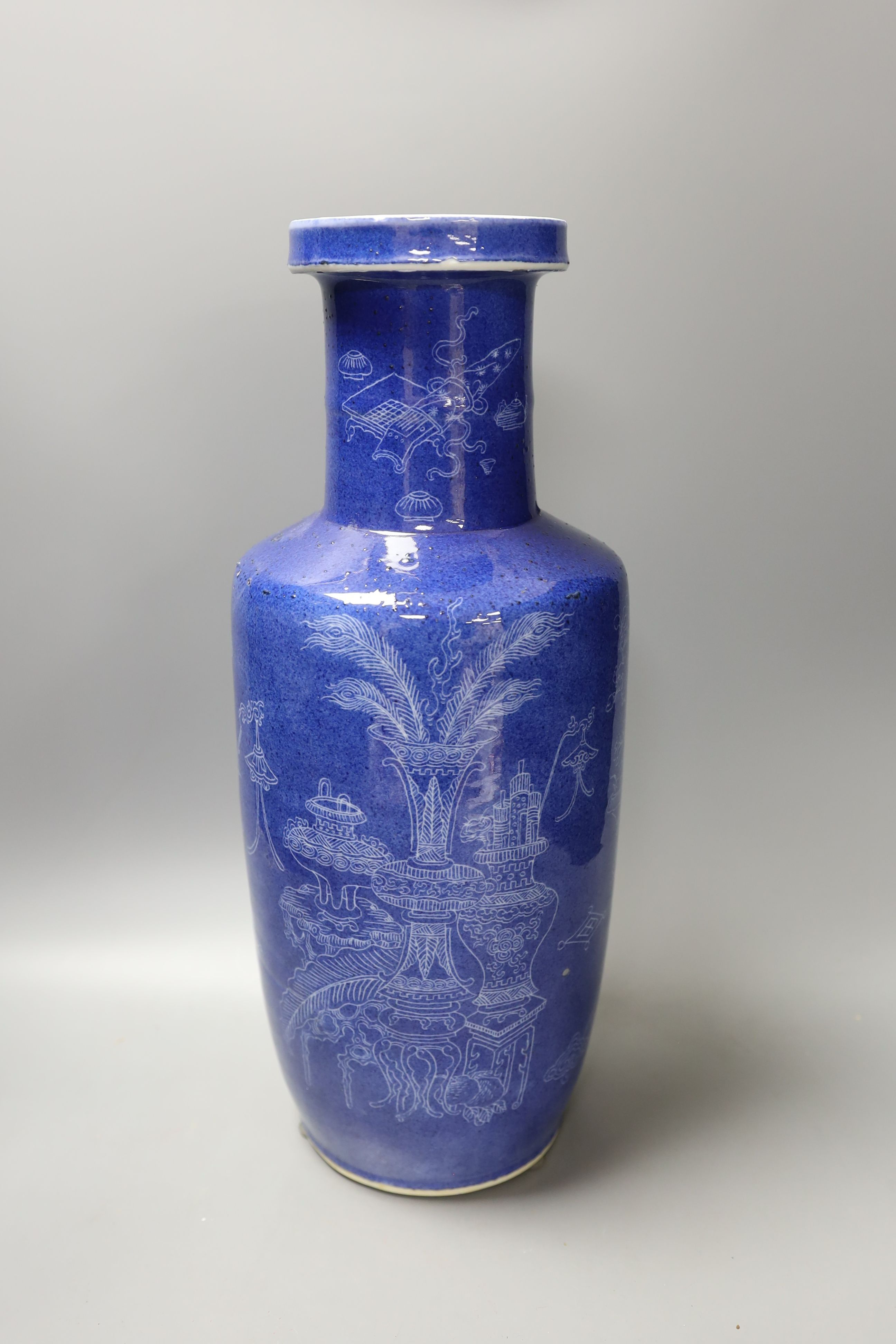 An early 20th century Chinese powder blue sgraffito rouleau vase - 44.5cm tall